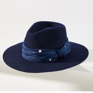 NEW Anthropologie Lele Sadoughi Farrah Wool Pearl Rancher Hat One Size Navy